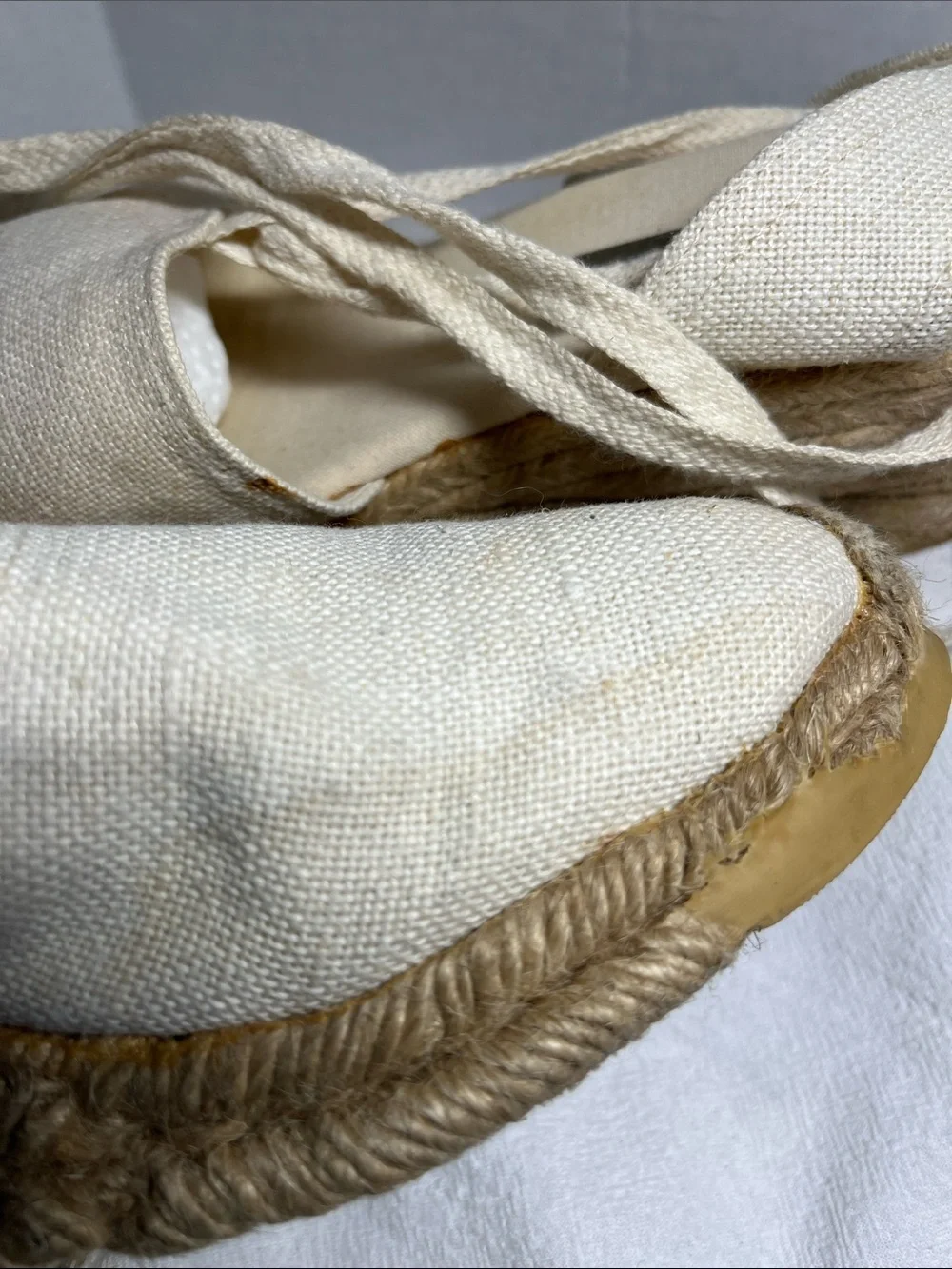 Valerie Stevens Cream Canvas Espadrille Wedge Sandals with Ankle Wraps